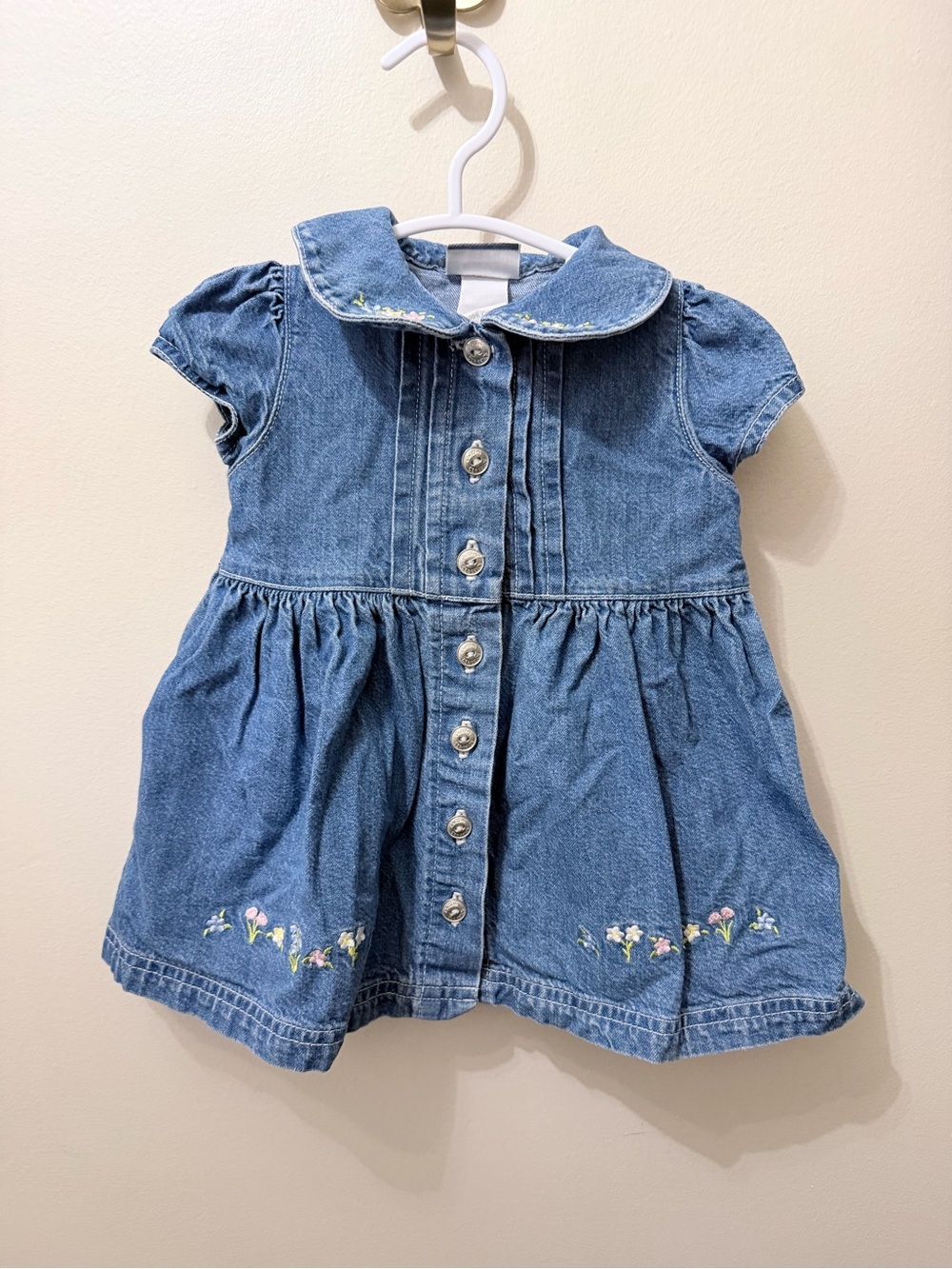 Vintage 90s Carter’s Denim Jumper Dress Embroidered Flowers Peter Pan Collar 0-3